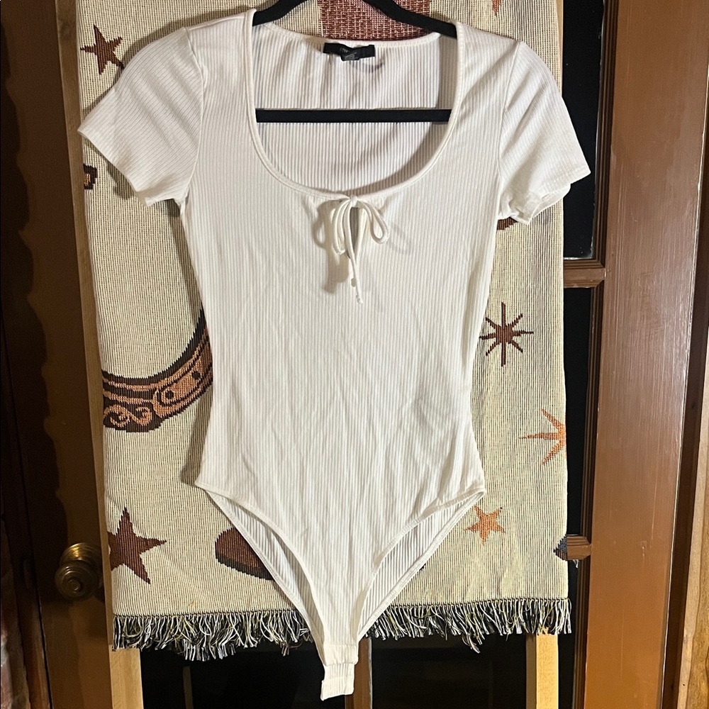 Forever 21 Cream Ribbed Bodysuit with Tie Front